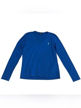 Ralph Lauren Sport Blue V-neck Top Tee Green Pony Logo Size Large Long Sleeve